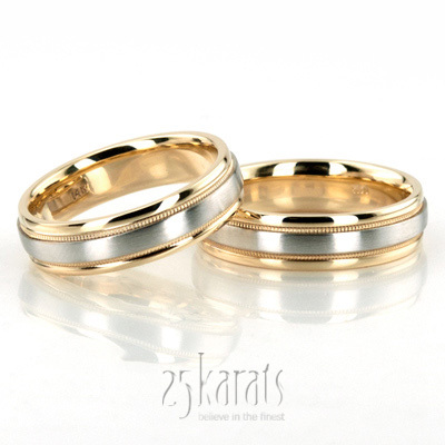 Two-Color Brush Finish Milgrain Wedding Ring Set