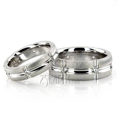 Wide Grooved Diamond Wedding Band Set