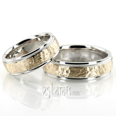 Fine Two-Tone Hammer Finish Wedding Band Set