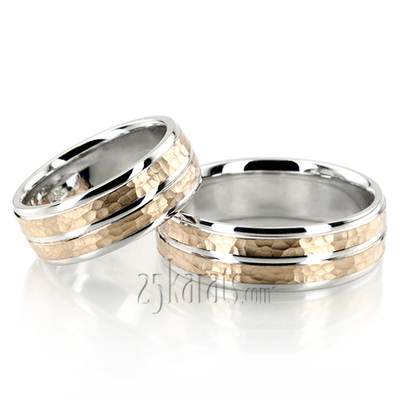 Hammered Basic Carved Wedding Band Set