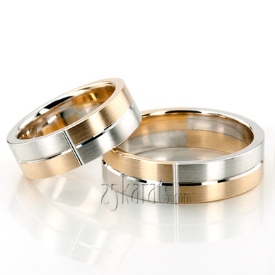 Symmetrical Two-Color Carved Design Wedding Band Set