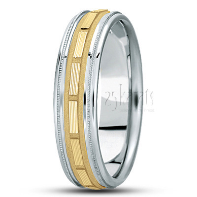 Striped Rectangular Cut Fancy Carved Wedding Band 