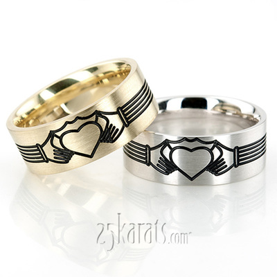 Black Nano Celtic Claddagh Wedding Band Set