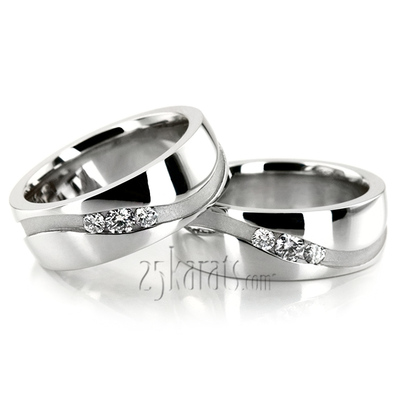 Curved Groove Diamond Wedding Band Set